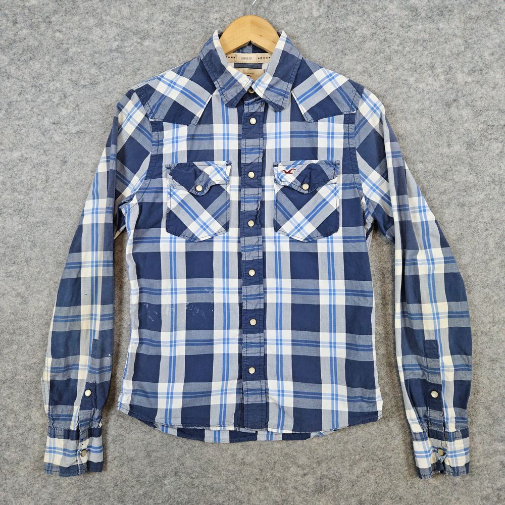 Hollister Blue Plaid Pearl Snap Shirt‎ Size S Surfer Cut Cowboy Western FLAWS